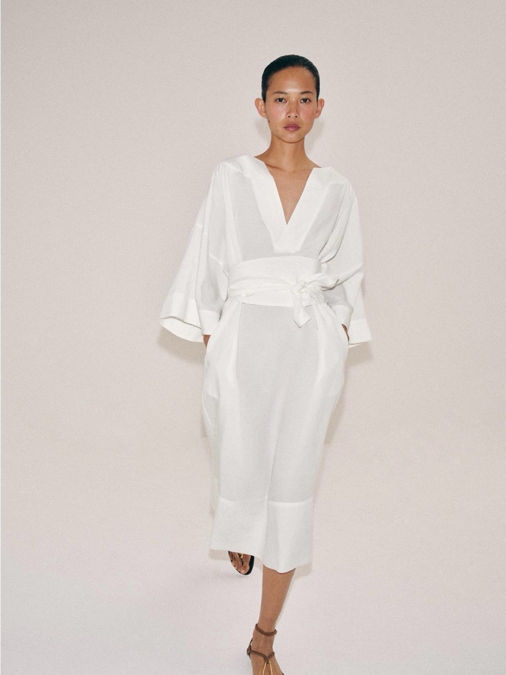 Zara NWT ZW Collection- Tunic White V-Neck Belted Midi Dress
